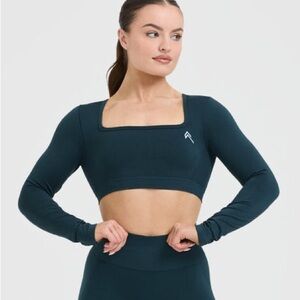 NWT Oner Active Effortless Square Neck Crop Long Sleeve Top Oil Blue